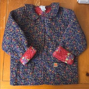 Blue and Red Quilted Puffer Jacket with Paisley Print